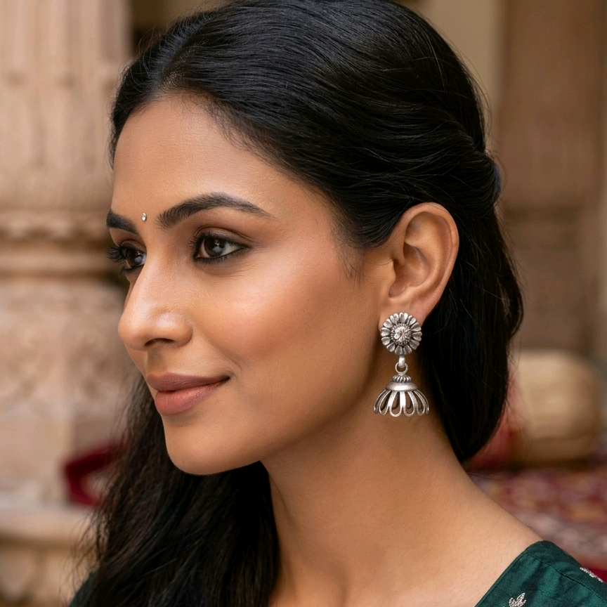 Silver Dome Jhumka Earrings 